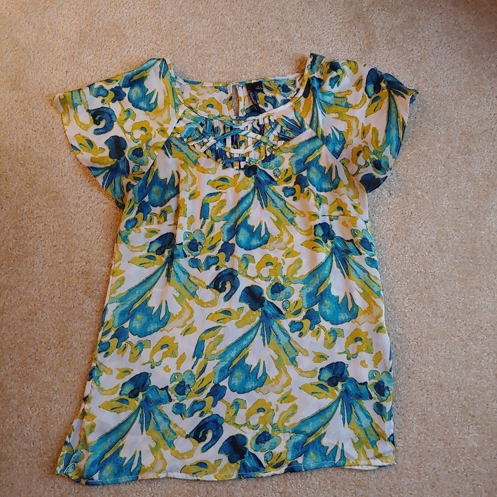 Essentials gold white and blue dressy work top